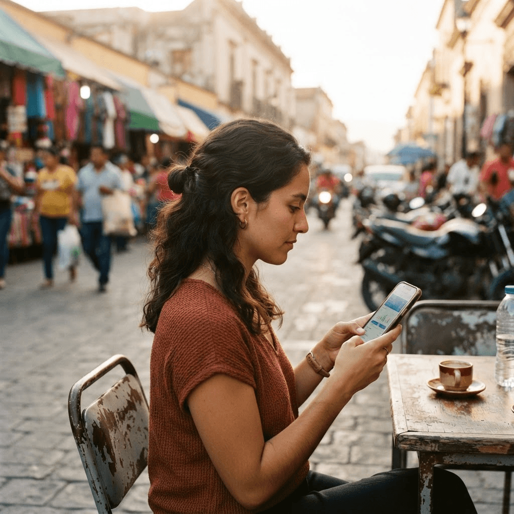 A person using a mobile banking app on a busy Latin American city street