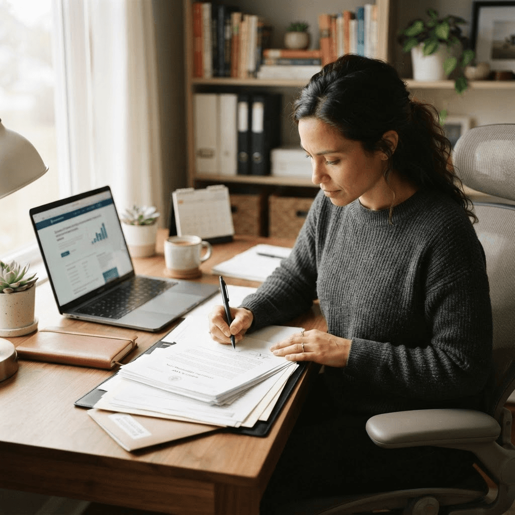 A small business owner signing incorporation paperwork at a desk with a laptop