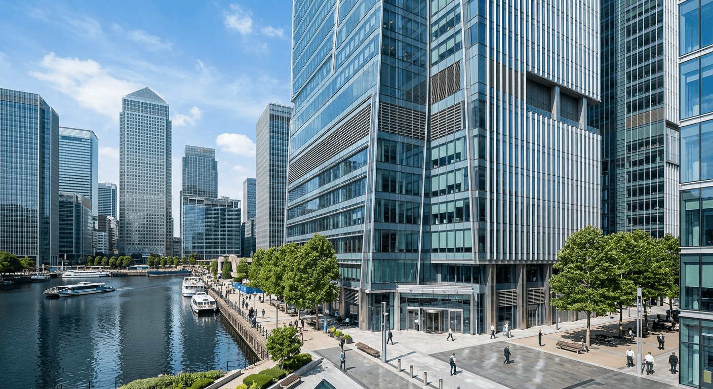 A modern bank headquarters building exterior in a financial district with glass skyscrapers