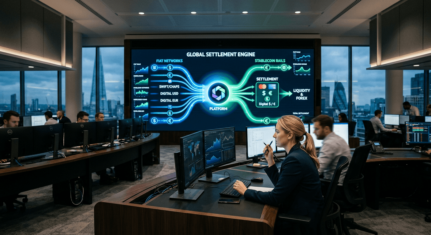 Global payment operations showing fiat and stablecoin rails converging through one platform