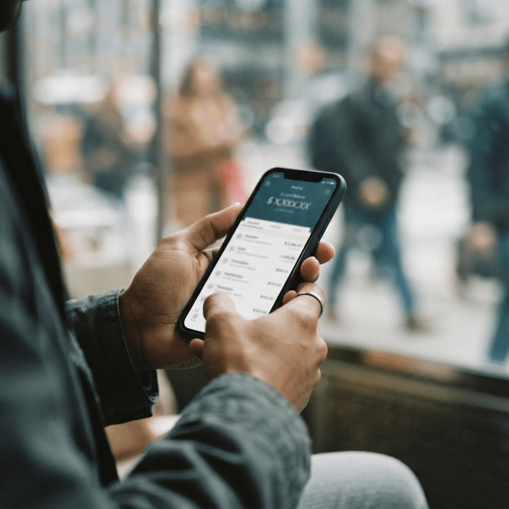 A close-up of a person holding a smartphone showing a mobile banking app balance