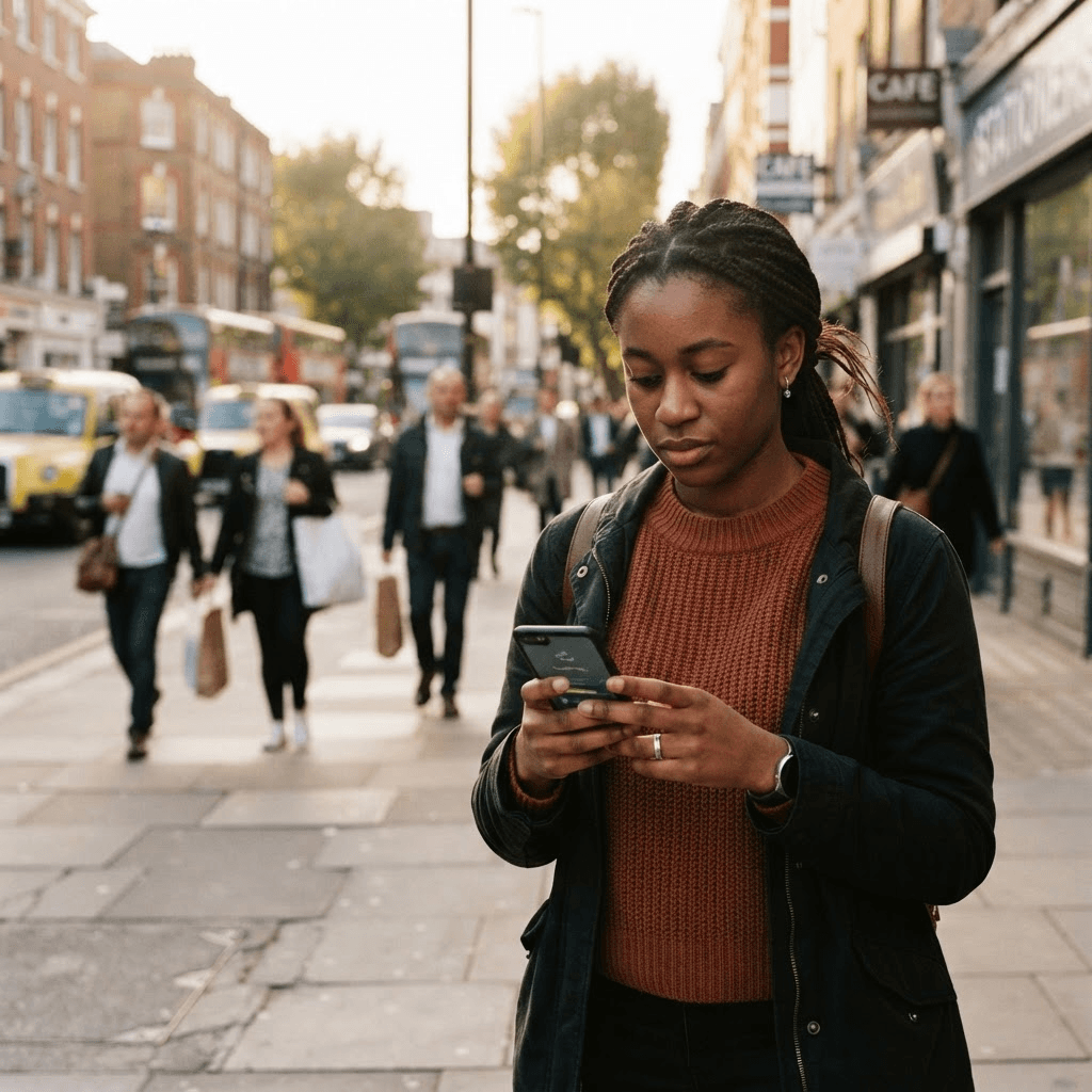 A person sending a money transfer on a smartphone while standing on a city sidewalk