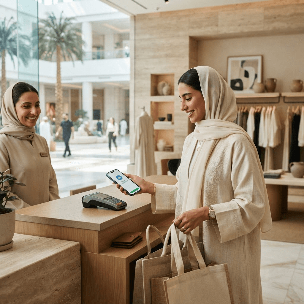 A shopper checking a payment confirmation on a smartphone inside a bright retail store