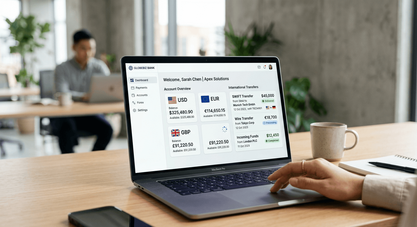 A business banking dashboard interface showing multiple currency flags and account balances on a laptop screen