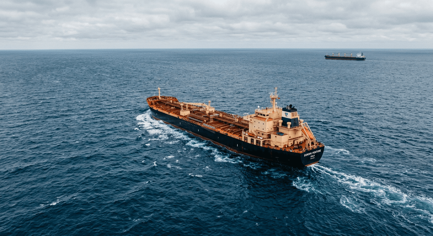 A large crude oil tanker at sea under an overcast sky