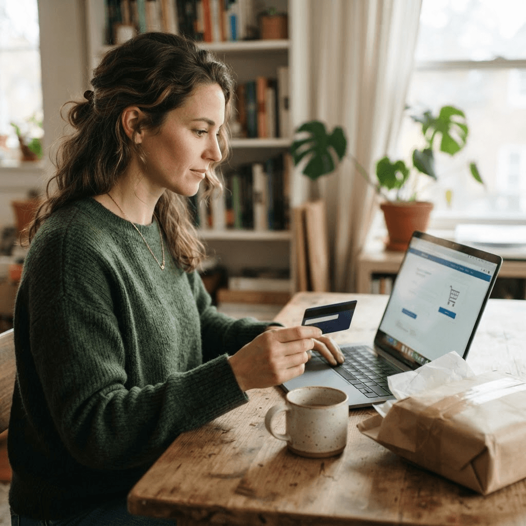 A shopper completing an online purchase on a laptop at a desk