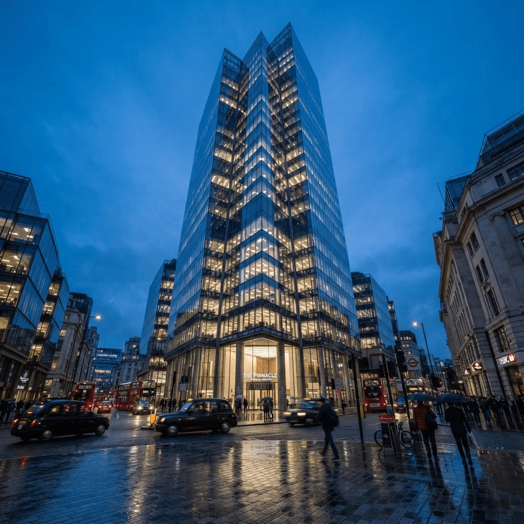 A modern glass corporate office tower in a European financial district at dusk