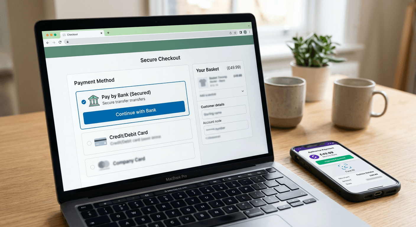 A modern checkout screen showing a Pay by Bank option beside a mobile banking confirmation