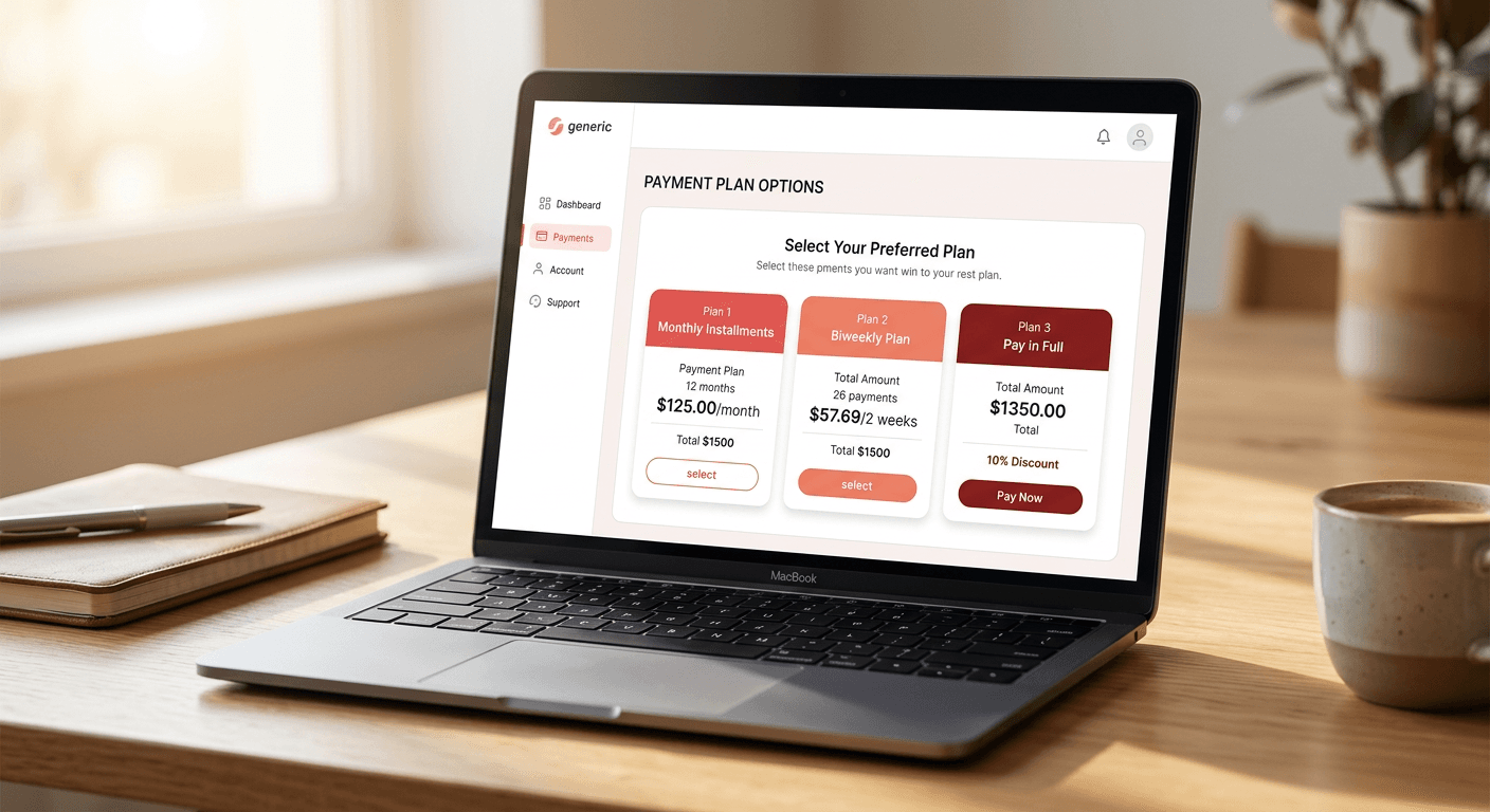 A laptop screen displaying a payment plan negotiation interface with multiple installment options