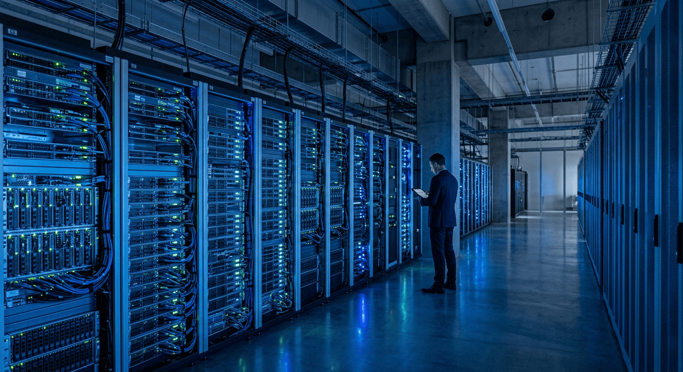 A data center server room with blue-lit server racks representing payment processing infrastructure