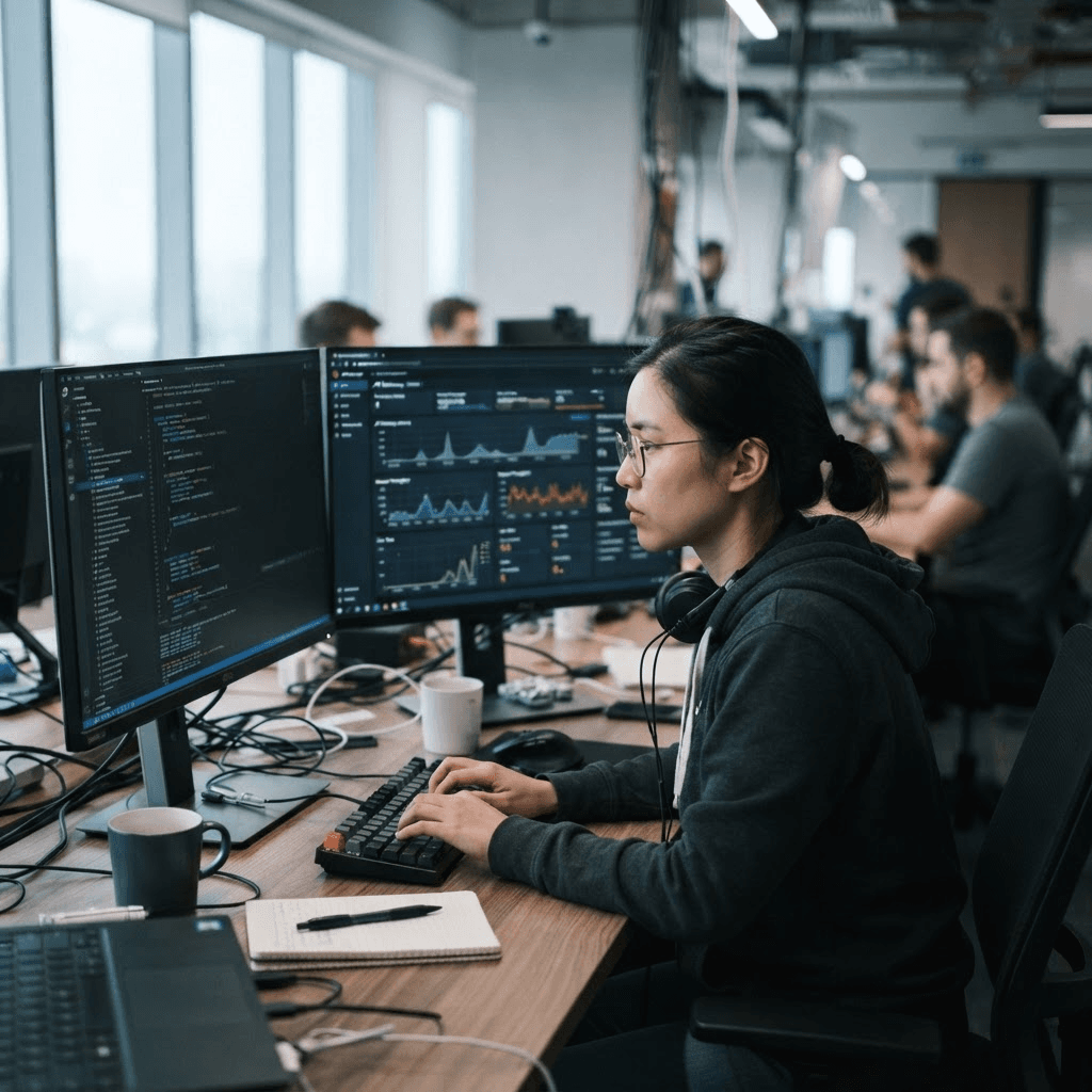 A software developer viewing code and an API dashboard on two monitors in an office