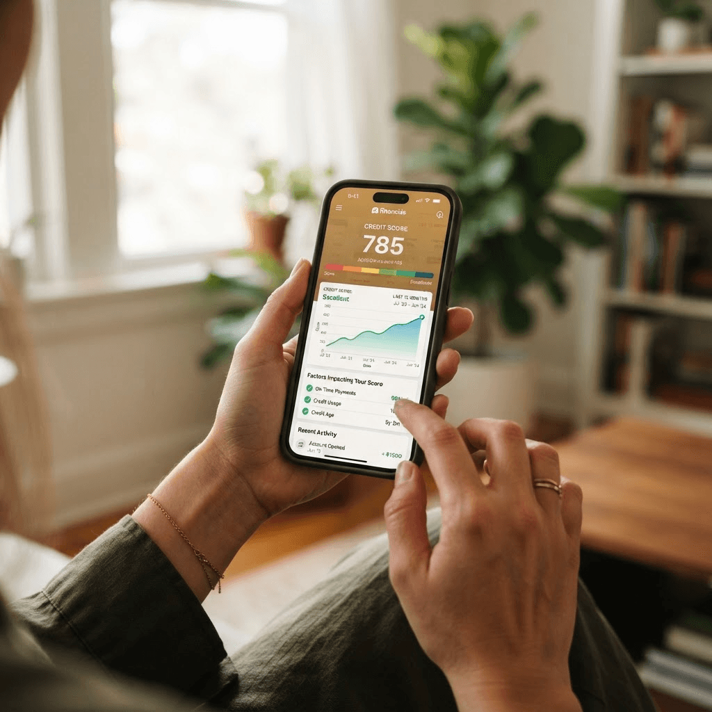 A person checking a credit score dashboard on a smartphone