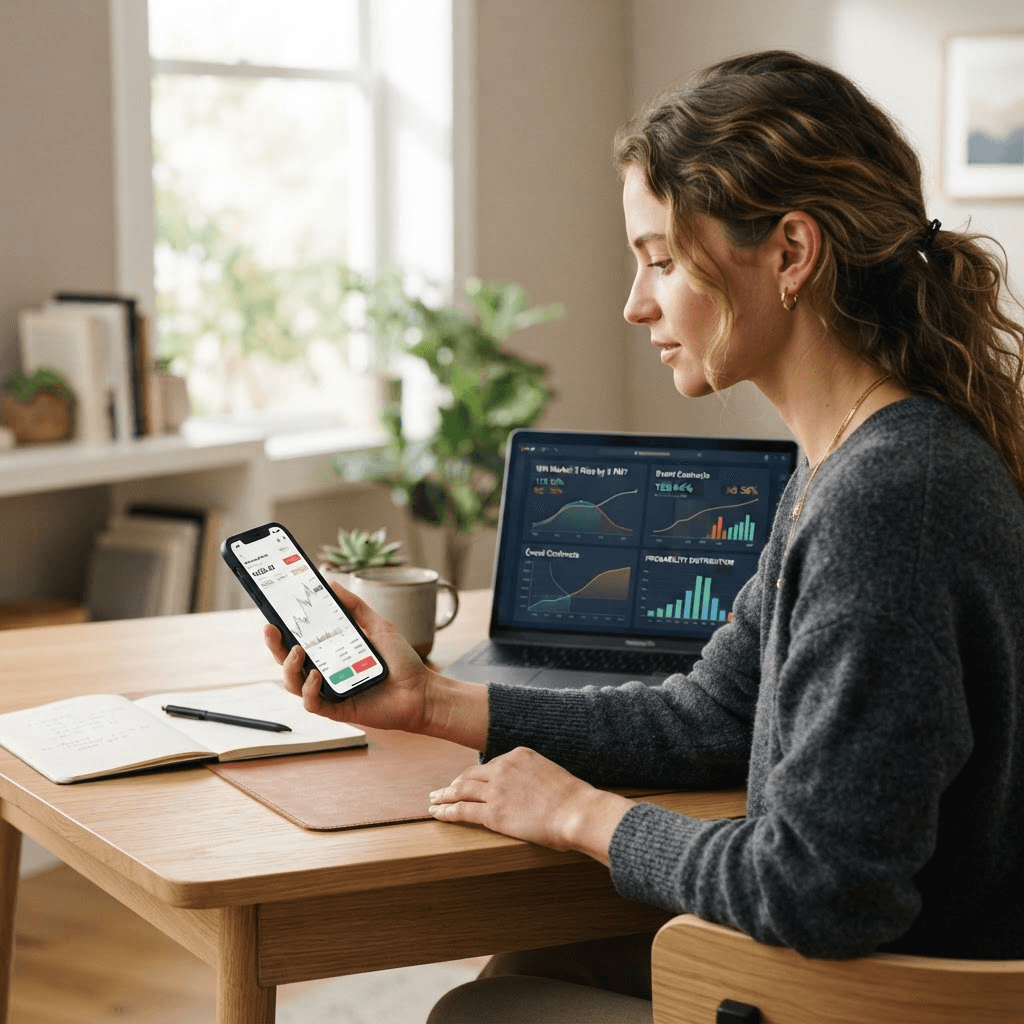A person checking a brokerage trading app on a smartphone at a desk with a laptop showing charts