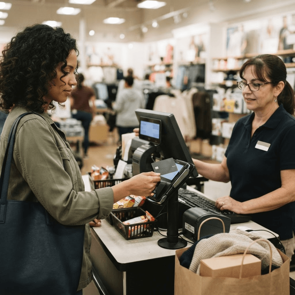 A customer paying with a prepaid debit card at a retail store checkout counter