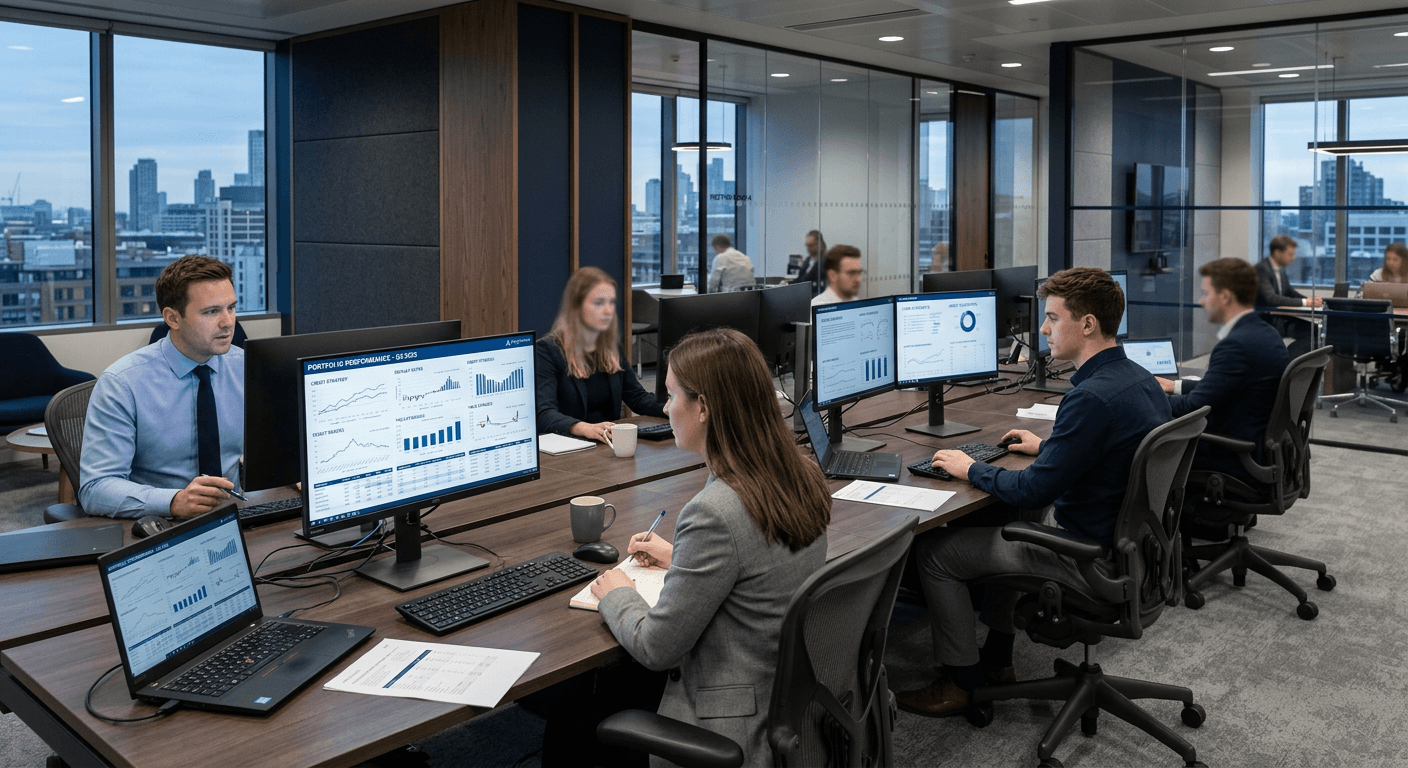 A private credit investment fund office with analysts reviewing portfolio charts