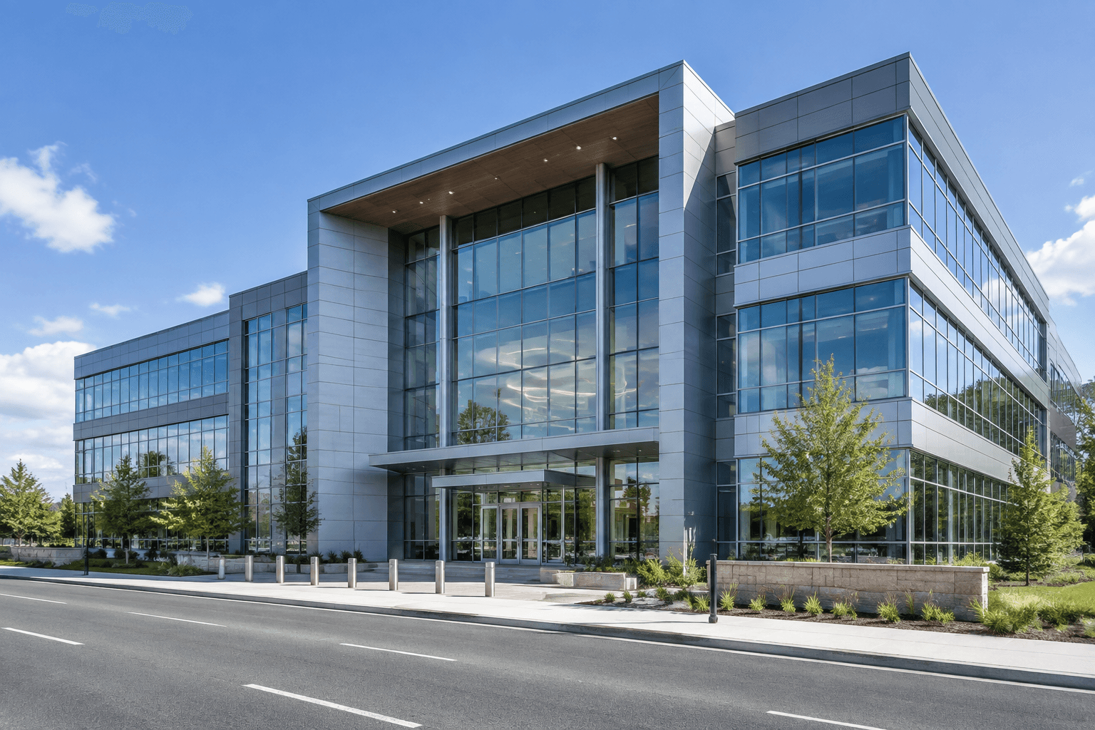 A modern regional bank headquarters building exterior under a clear blue sky