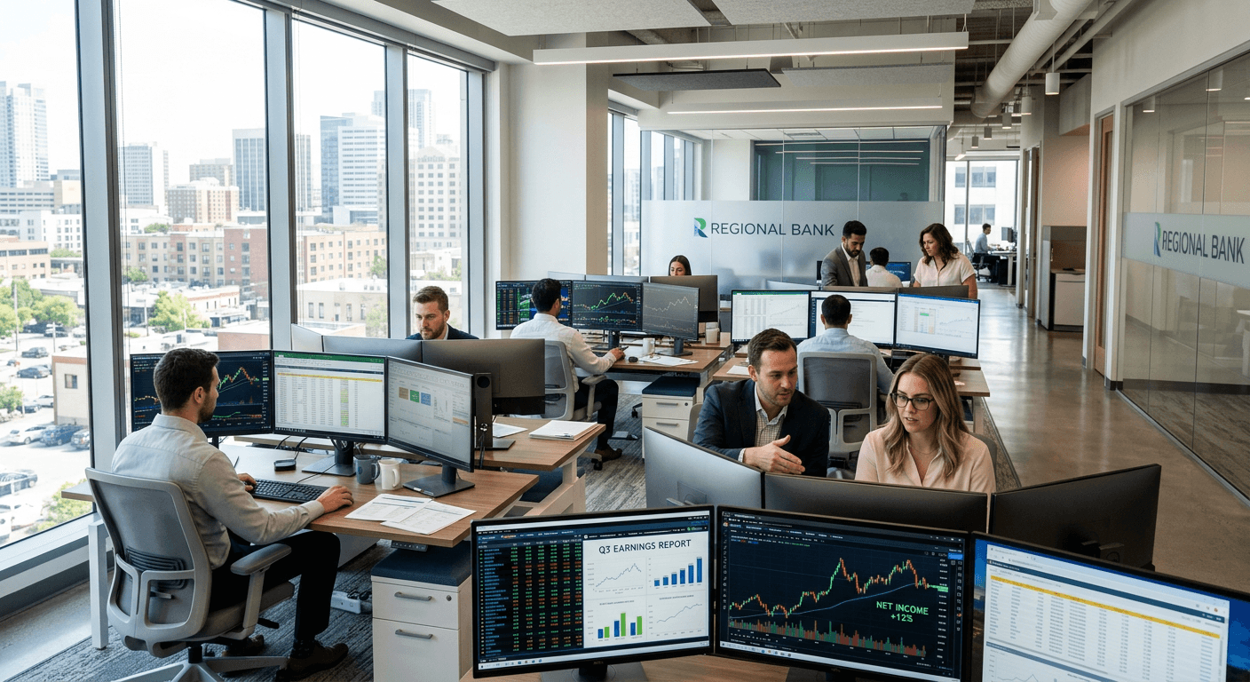 Financial analysts reviewing earnings charts on multiple monitors in a bank office