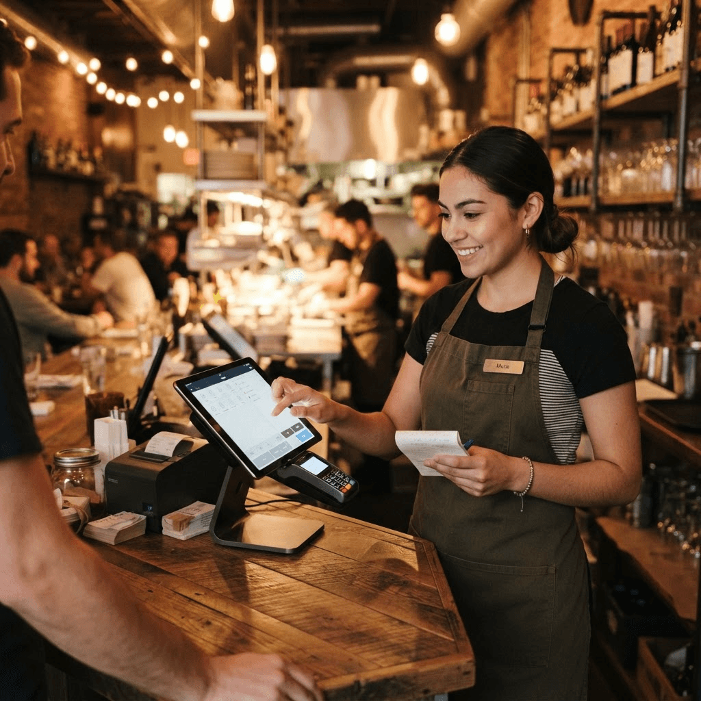 A restaurant server completing an order on a point-of-sale tablet terminal