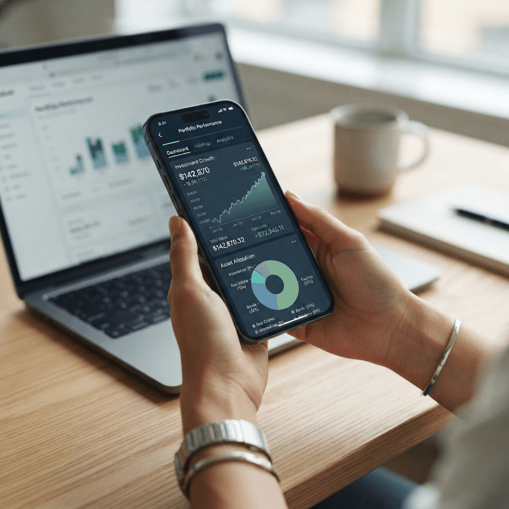 A smartphone displaying an investment portfolio growth chart held above a laptop