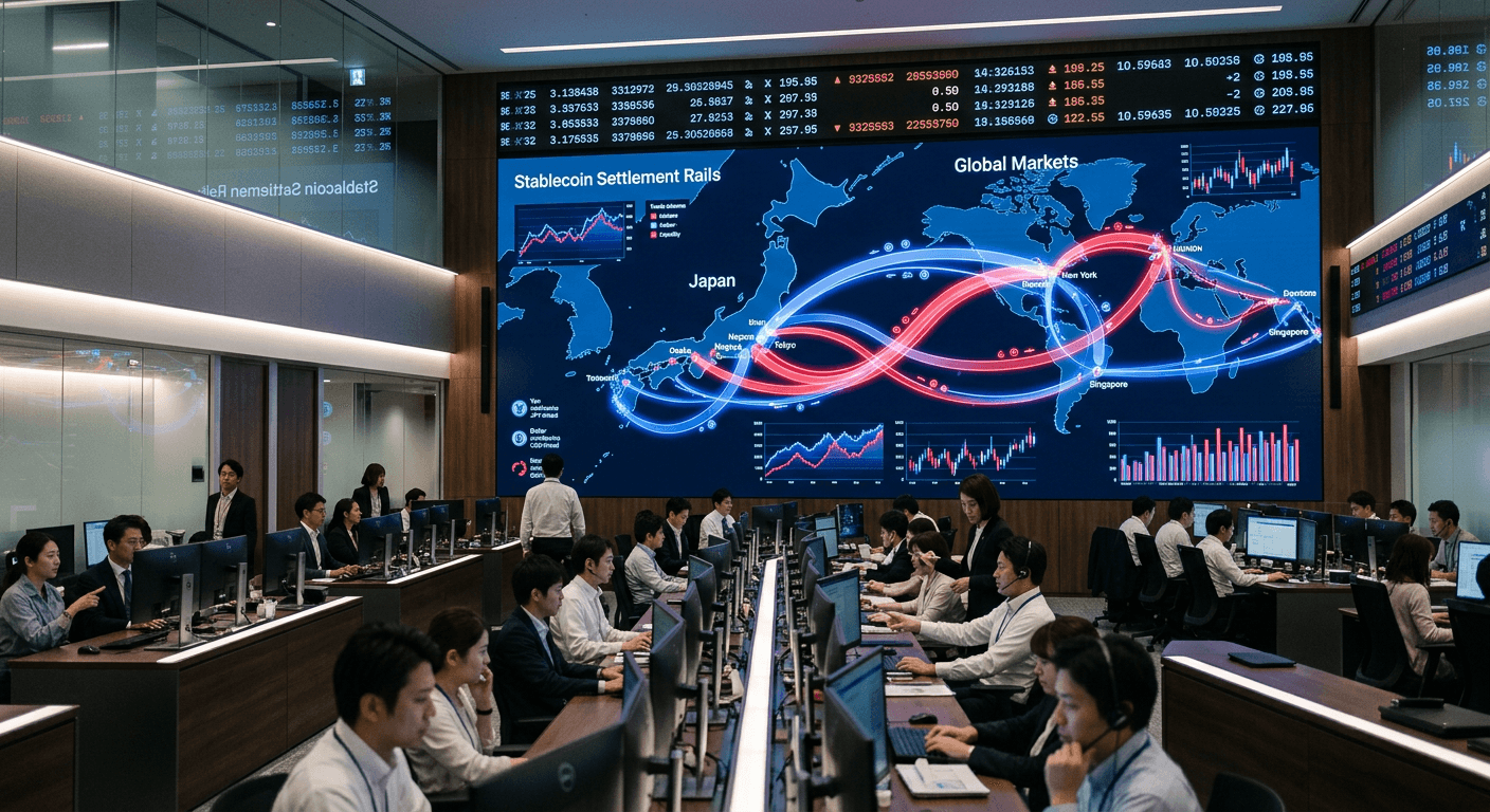 A Tokyo financial technology operations room showing yen and dollar stablecoin settlement rails