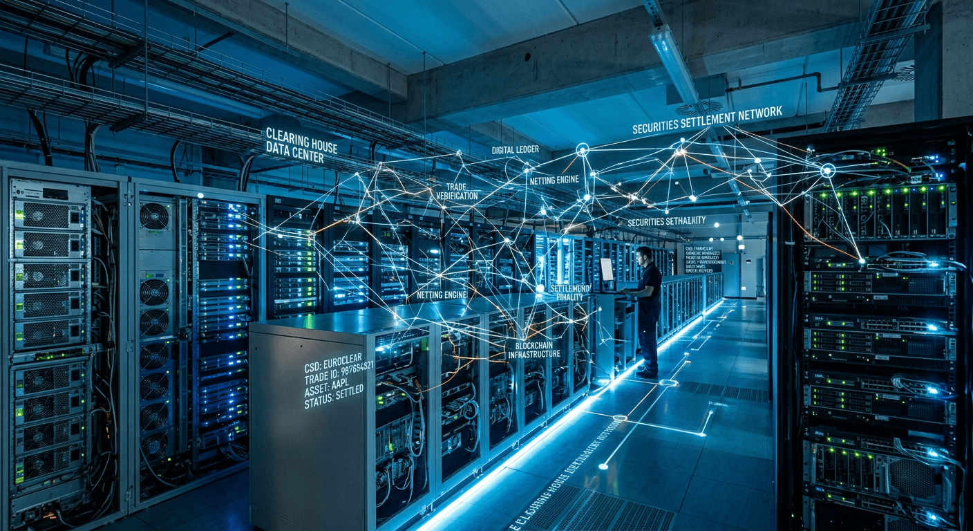 A data center with server racks representing securities settlement infrastructure
