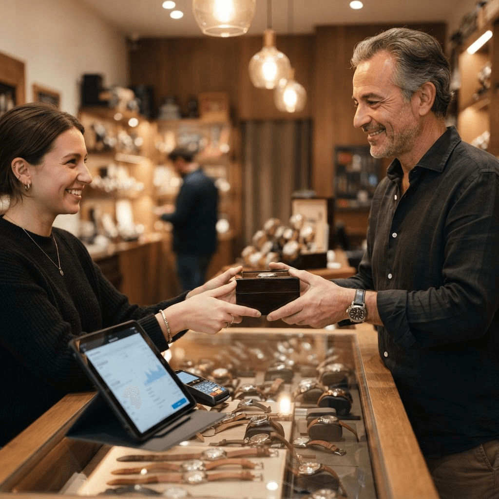 A watch dealer handing a boxed luxury watch to a customer beside a tablet showing a payment schedule