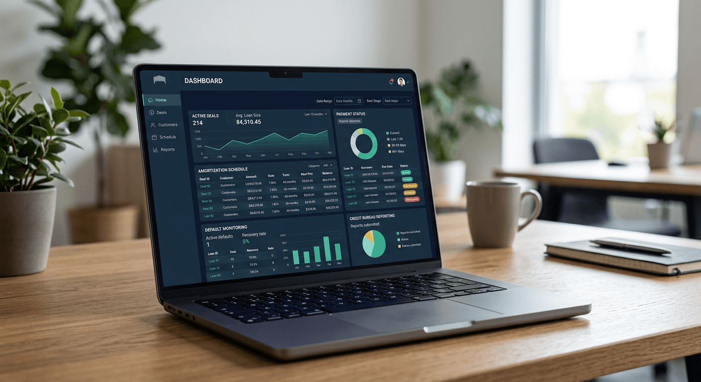 A seller-financing dashboard showing customer deals, payment status and reporting