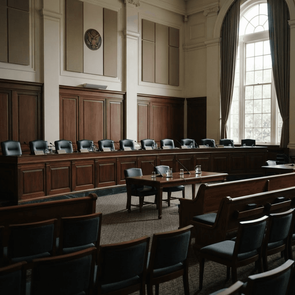 An empty congressional hearing room with a witness table and microphones