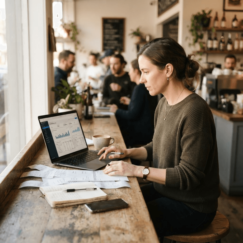 A small business owner reviewing invoices and a bookkeeping dashboard on a laptop