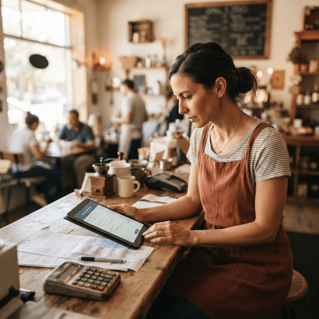 A small business owner reviewing a funding offer on a tablet at their counter