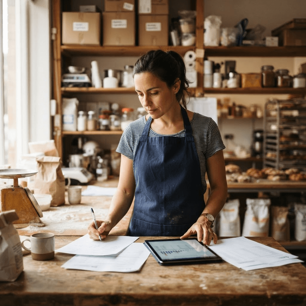 A small business owner reviewing paperwork and a tablet at her shop counter
