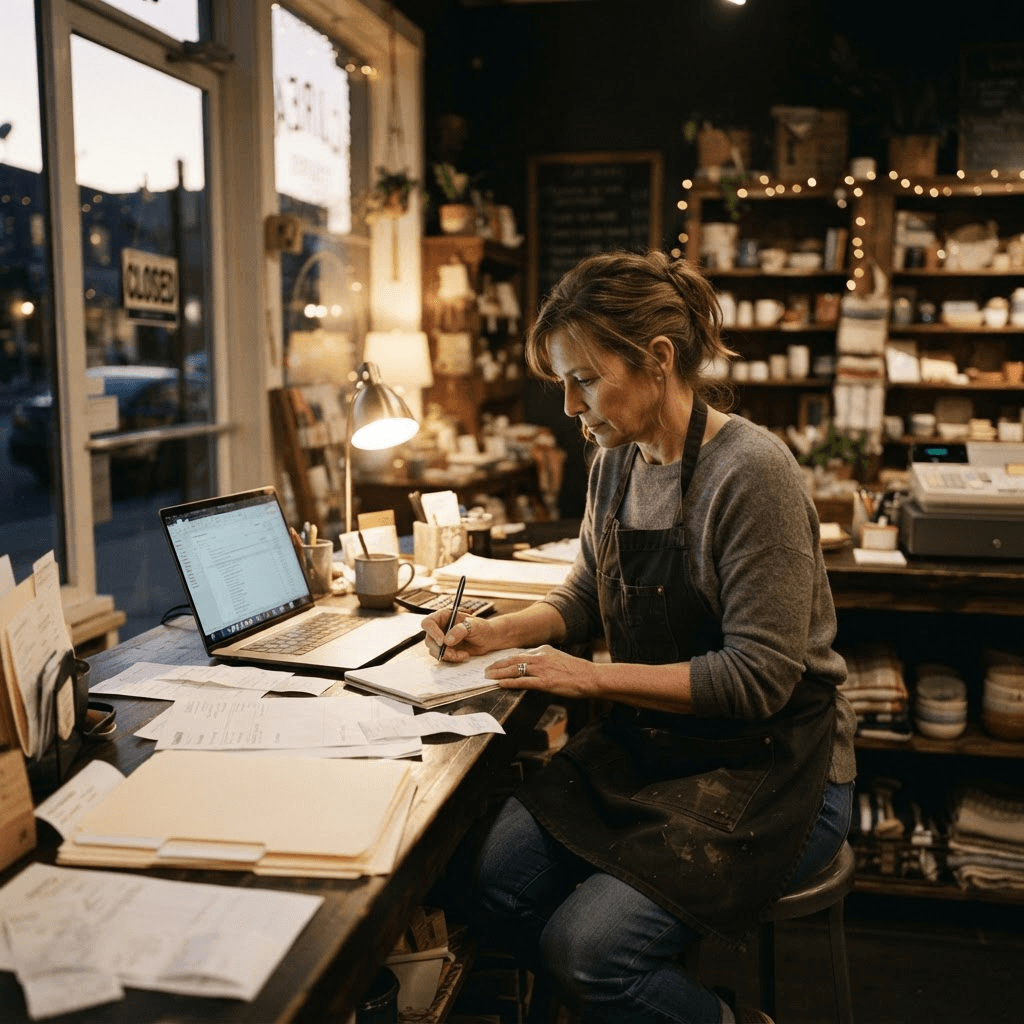 A small business owner reviewing paperwork and a laptop at the counter of their shop
