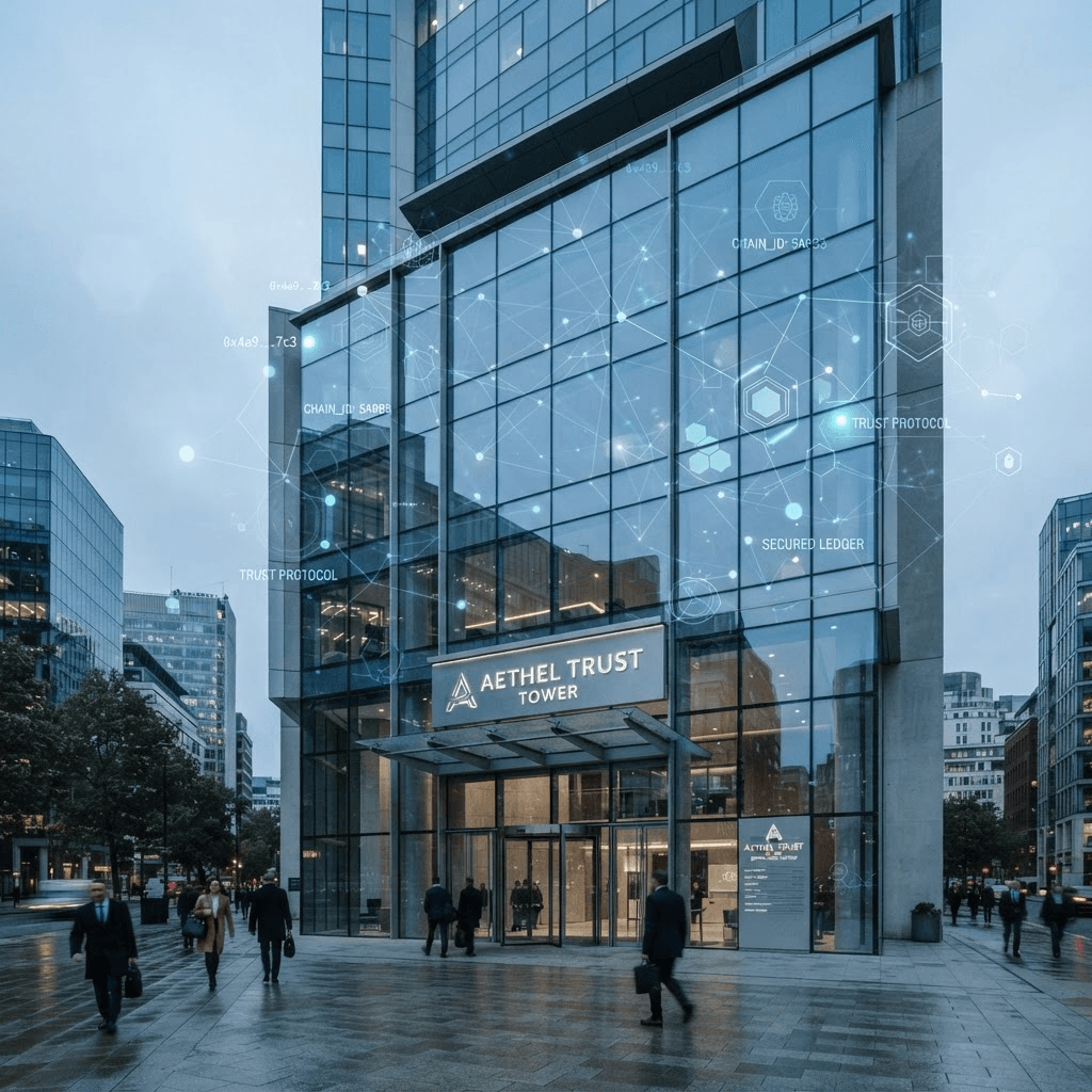 The exterior of a modern glass office building housing a financial trust institution
