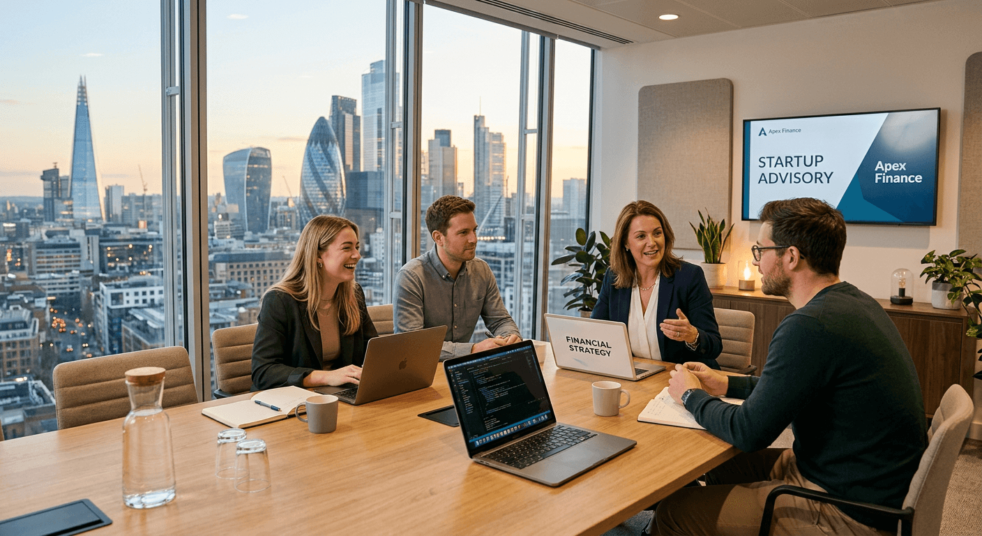 A bank meeting room where a banker advises startup founders around a table with laptops