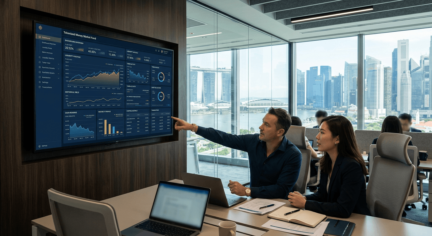 An asset management office with a monitor displaying a tokenized money market fund dashboard