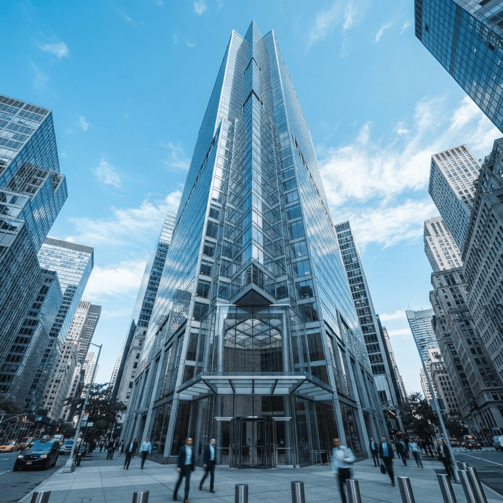 A modern glass bank headquarters tower viewed from street level against a clear sky