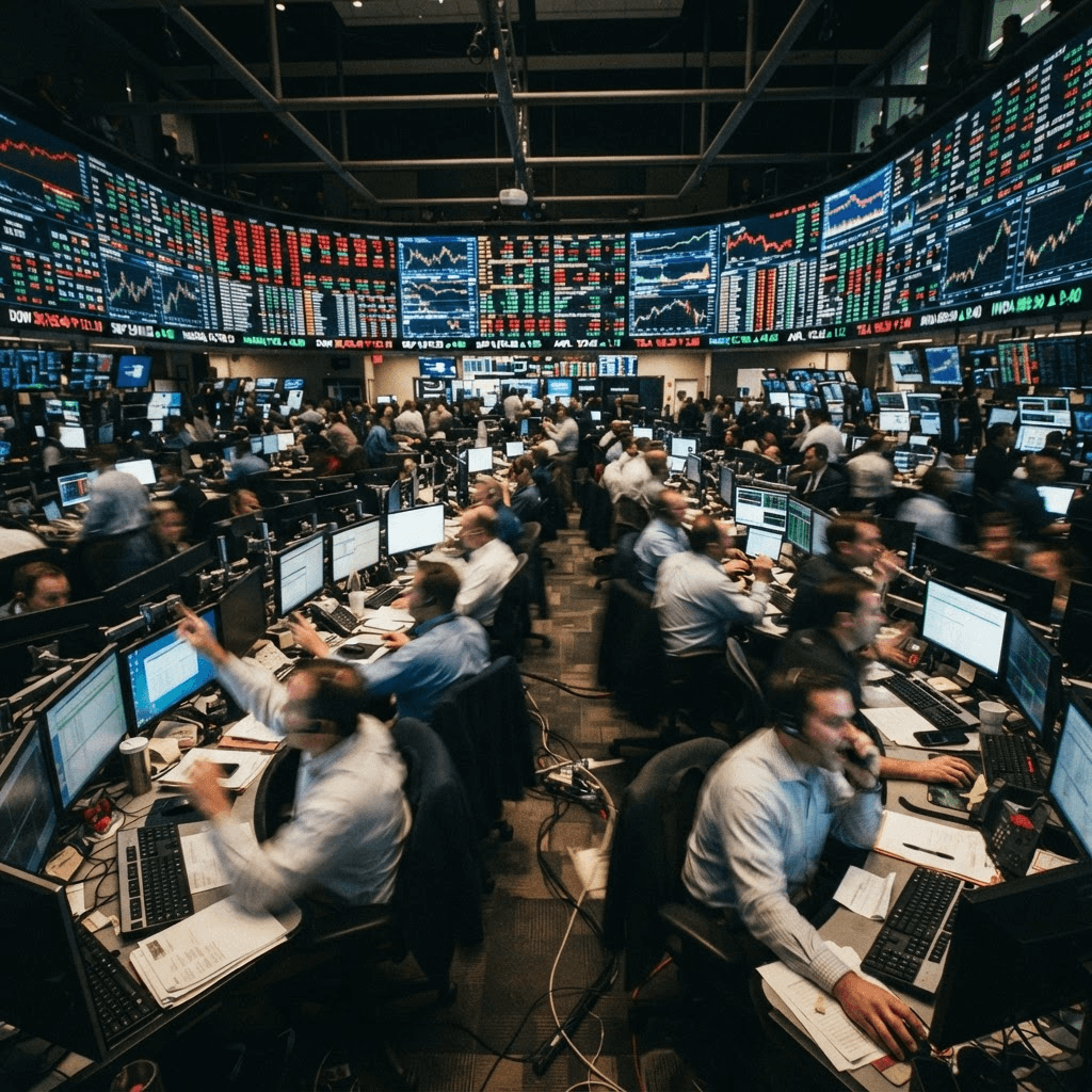 Traders working in front of walls of market screens on an exchange floor