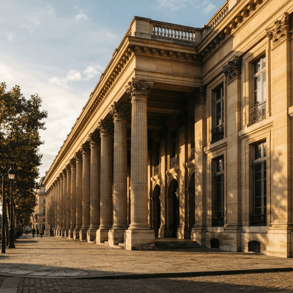 A neoclassical government finance building with tall stone columns in raking afternoon light