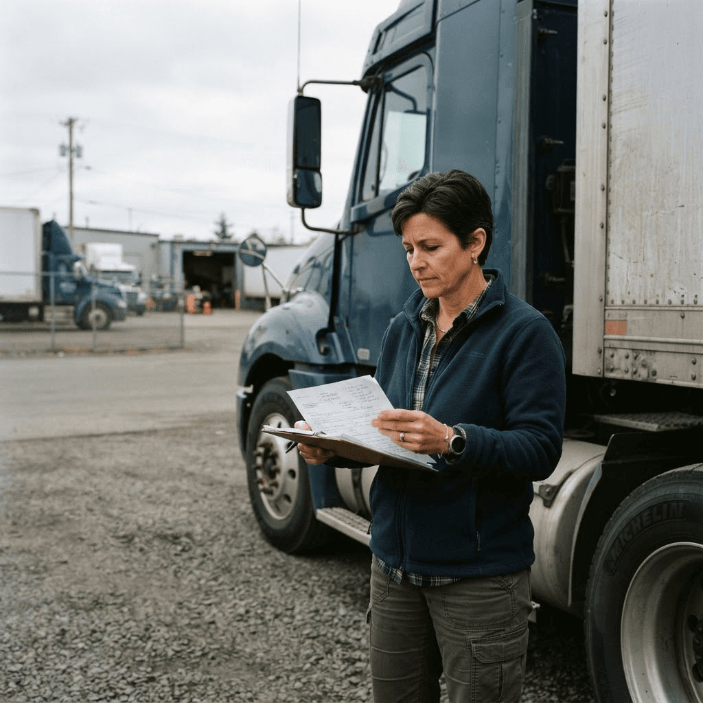 A small trucking company owner reviewing paperwork beside a semi truck in a fleet yard