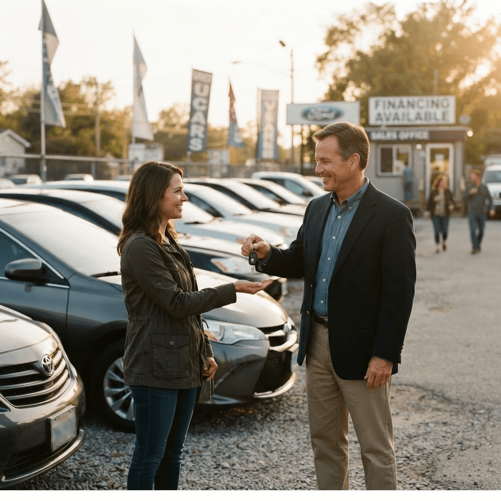 A car dealership salesperson handing keys to a customer on a dealership lot